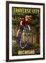 Traverse City, Michigan - Mountain Biker in Trees-Lantern Press-Framed Art Print