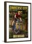 Traverse City, Michigan - Mountain Biker in Trees-Lantern Press-Framed Art Print