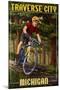 Traverse City, Michigan - Mountain Biker in Trees-Lantern Press-Mounted Art Print