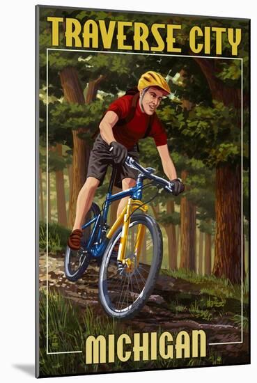 Traverse City, Michigan - Mountain Biker in Trees-Lantern Press-Mounted Art Print