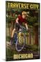 Traverse City, Michigan - Mountain Biker in Trees-Lantern Press-Mounted Art Print