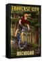 Traverse City, Michigan - Mountain Biker in Trees-Lantern Press-Framed Stretched Canvas