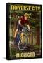 Traverse City, Michigan - Mountain Biker in Trees-Lantern Press-Framed Stretched Canvas