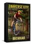 Traverse City, Michigan - Mountain Biker in Trees-Lantern Press-Framed Stretched Canvas