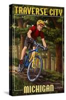 Traverse City, Michigan - Mountain Biker in Trees-Lantern Press-Stretched Canvas