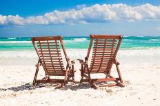 Beach Wooden Chairs for Vacations and Relax on Tropical White Sand Beach in Tulum, Mexico-TravnikovStudio-Framed Stretched Canvas