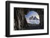 Tre Cime di Lavaredo lit by moon seen from opening in rocks of a war cave, Sesto Dolomites-Roberto Moiola-Framed Photographic Print