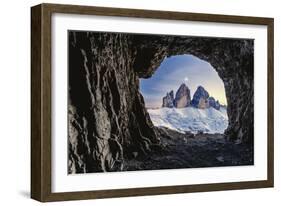 Tre Cime di Lavaredo lit by moon seen from opening in rocks of a war cave, Sesto Dolomites-Roberto Moiola-Framed Photographic Print