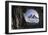 Tre Cime di Lavaredo lit by moon seen from opening in rocks of a war cave, Sesto Dolomites-Roberto Moiola-Framed Photographic Print