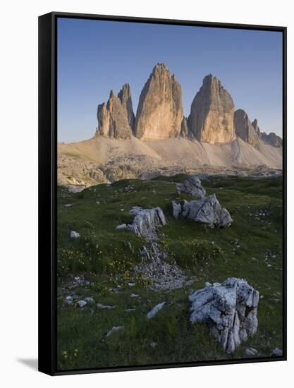 Tre Cime di Lavaredo, Sexten Dolomites nature reserve, Italy-Michael Jaeschke-Framed Stretched Canvas