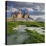 Tre Cime Di Lavaredo (Three Merlons), Puddle, Meadow, South Tyrol, the Dolomites Mountains, Italy-Rainer Mirau-Stretched Canvas