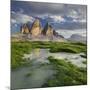 Tre Cime Di Lavaredo (Three Merlons), Puddle, Meadow, South Tyrol, the Dolomites Mountains, Italy-Rainer Mirau-Mounted Photographic Print