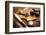 Treasure Hunting Setting, A Compass, Binoculars, Knife and a Old Key on a Old Wooden Desk-landio-Framed Photographic Print