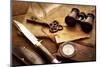 Treasure Hunting Setting, A Compass, Binoculars, Knife and a Old Key on a Old Wooden Desk-landio-Mounted Photographic Print