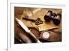 Treasure Hunting Setting, A Compass, Binoculars, Knife and a Old Key on a Old Wooden Desk-landio-Framed Photographic Print