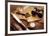 Treasure Hunting Setting, A Compass, Binoculars, Knife and a Old Key on a Old Wooden Desk-landio-Framed Photographic Print