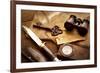 Treasure Hunting Setting, A Compass, Binoculars, Knife and a Old Key on a Old Wooden Desk-landio-Framed Photographic Print