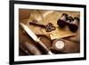 Treasure Hunting Setting, A Compass, Binoculars, Knife and a Old Key on a Old Wooden Desk-landio-Framed Photographic Print