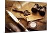 Treasure Hunting Setting, A Compass, Binoculars, Knife and a Old Key on a Old Wooden Desk-landio-Mounted Photographic Print