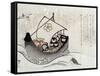 Treasure Ship with Crane and Tortoise, Japanese Wood-Cut Print-Lantern Press-Framed Stretched Canvas