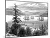 Tree Lined Harbour, with Sailing Ships and Indian Canoes-null-Mounted Art Print