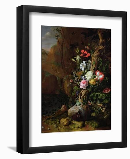 Tree Trunk Surrounded by Flowers, Butterflies and Animals, 1685-Rachel Ruysch-Framed Giclee Print