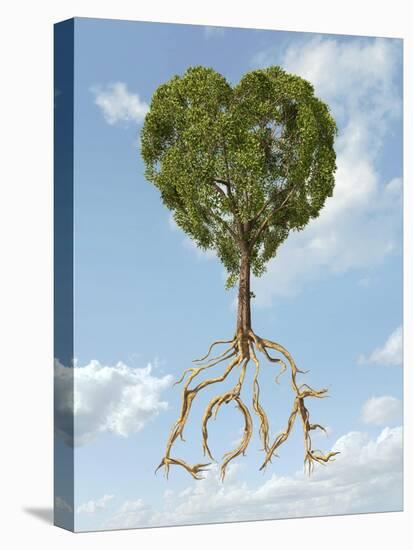 Tree with Foliage in the Shape of a Heart with Roots as Text Love-null-Stretched Canvas