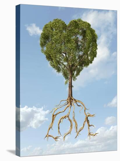 Tree with Foliage in the Shape of a Heart with Roots as Text Love-null-Stretched Canvas