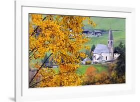 Tree with yellow leaves with the church of Santa Magdalena in the background, Funes Valley, Sudtiro-Francesco Bergamaschi-Framed Photographic Print