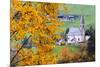 Tree with yellow leaves with the church of Santa Magdalena in the background, Funes Valley, Sudtiro-Francesco Bergamaschi-Mounted Photographic Print