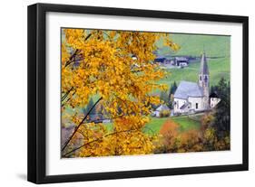 Tree with yellow leaves with the church of Santa Magdalena in the background, Funes Valley, Sudtiro-Francesco Bergamaschi-Framed Photographic Print