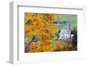 Tree with yellow leaves with the church of Santa Magdalena in the background, Funes Valley, Sudtiro-Francesco Bergamaschi-Framed Photographic Print