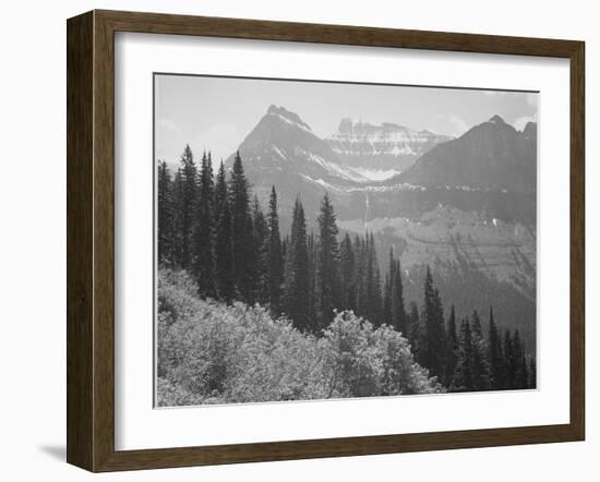 Trees And Bushes In Foreground Mountains In Bkgd "In Glacier National Park" Montana. 1933-1942-Ansel Adams-Framed Art Print