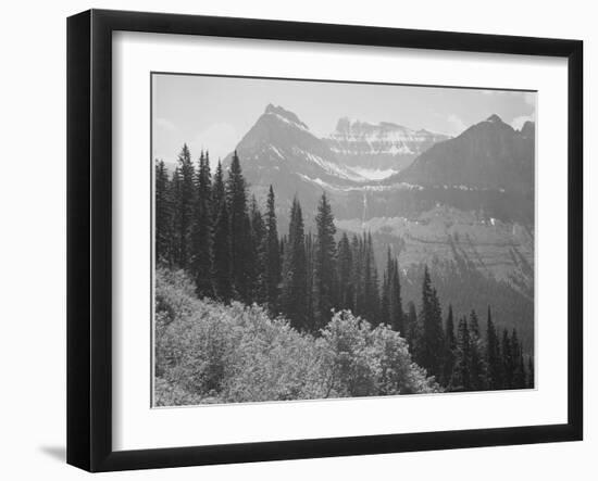 Trees And Bushes In Foreground Mountains In Bkgd "In Glacier National Park" Montana. 1933-1942-Ansel Adams-Framed Art Print