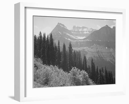 Trees And Bushes In Foreground Mountains In Bkgd "In Glacier National Park" Montana. 1933-1942-Ansel Adams-Framed Art Print