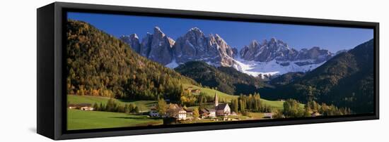 Trees and Farmhouses in a Field with Mountains in the Background, Santa Maddalena, Funes Valley-null-Framed Stretched Canvas