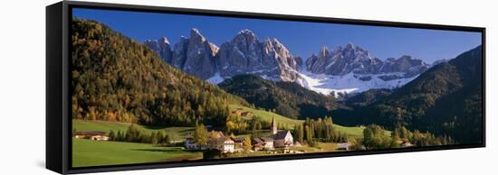 Trees and Farmhouses in a Field with Mountains in the Background, Santa Maddalena, Funes Valley-null-Framed Stretched Canvas