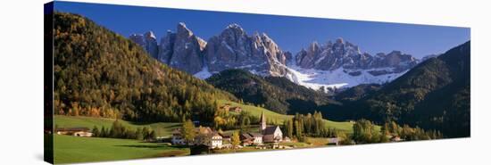 Trees and Farmhouses in a Field with Mountains in the Background, Santa Maddalena, Funes Valley-null-Stretched Canvas