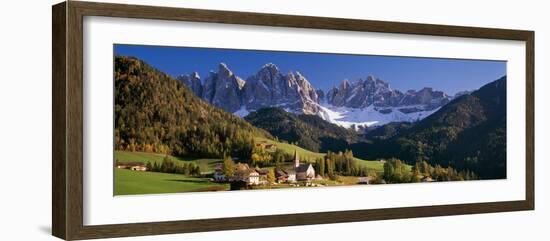 Trees and Farmhouses in a Field with Mountains in the Background, Santa Maddalena, Funes Valley-null-Framed Photographic Print