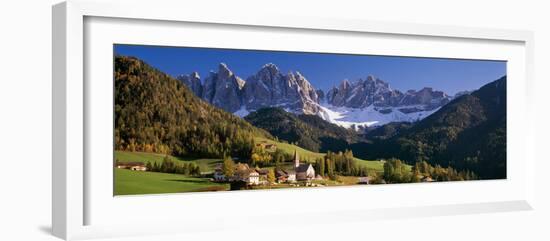 Trees and Farmhouses in a Field with Mountains in the Background, Santa Maddalena, Funes Valley-null-Framed Photographic Print