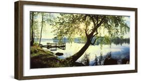 Trees and pier by the Vuoksi River, Imatra, Finland-null-Framed Photographic Print