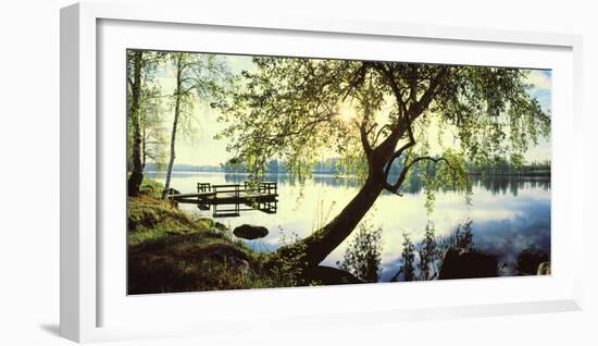 Trees and pier by the Vuoksi River, Imatra, Finland-null-Framed Premium Photographic Print