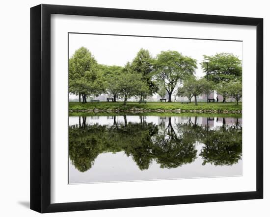 Trees are Reflected in Still Water on the Esplanade Along the Charles River in Boston-null-Framed Premium Photographic Print
