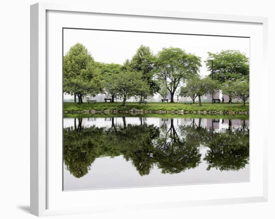 Trees are Reflected in Still Water on the Esplanade Along the Charles River in Boston-null-Framed Photographic Print