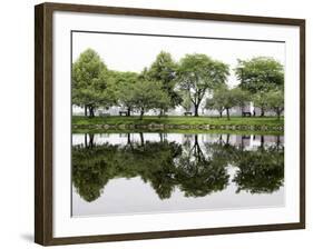 Trees are Reflected in Still Water on the Esplanade Along the Charles River in Boston-null-Framed Photographic Print