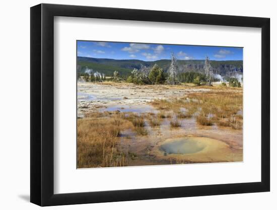 Trees Crusted in Frost and Thermal Features, Cold Autumn (Fall) Day, Upper Geyser Basin-Eleanor Scriven-Framed Photographic Print