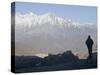 Trekker at Dawn Looking out Over the Old Fortified Village of Jharkot on the Annapurna Circuit Trek-Don Smith-Stretched Canvas