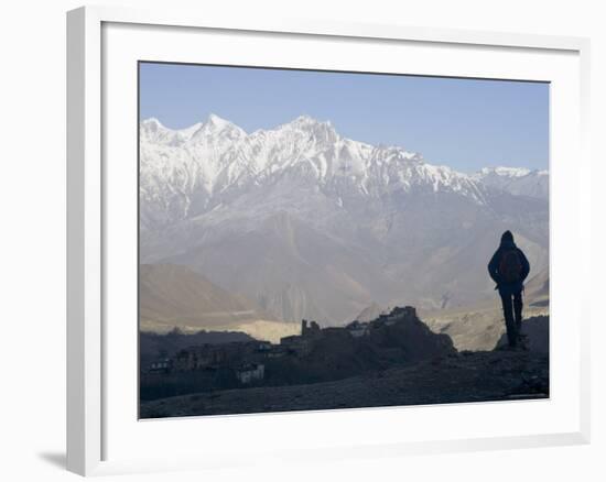 Trekker at Dawn Looking out Over the Old Fortified Village of Jharkot on the Annapurna Circuit Trek-Don Smith-Framed Photographic Print