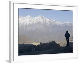 Trekker at Dawn Looking out Over the Old Fortified Village of Jharkot on the Annapurna Circuit Trek-Don Smith-Framed Photographic Print