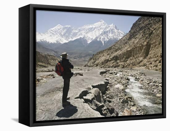 Trekker Enjoys the View on the Annapurna Circuit Trek, Jomsom, Himalayas, Nepal-Don Smith-Framed Stretched Canvas